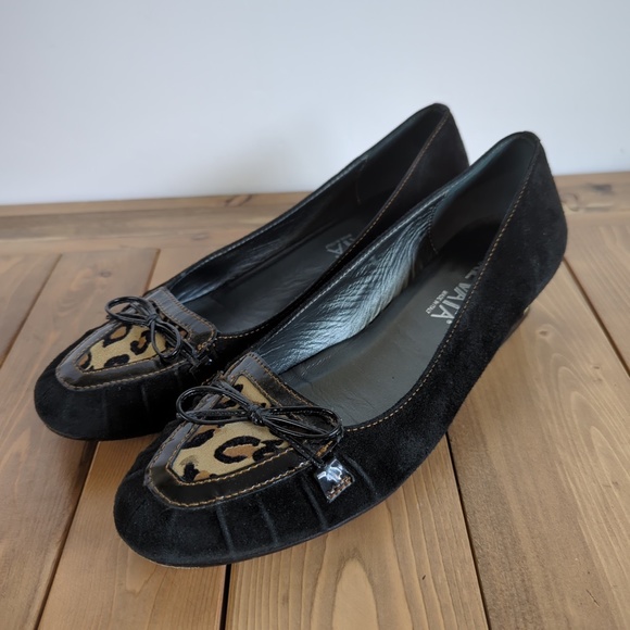 Prevata Black Leather/Suede Leopard Print Wedge Shoes - Picture 5 of 13